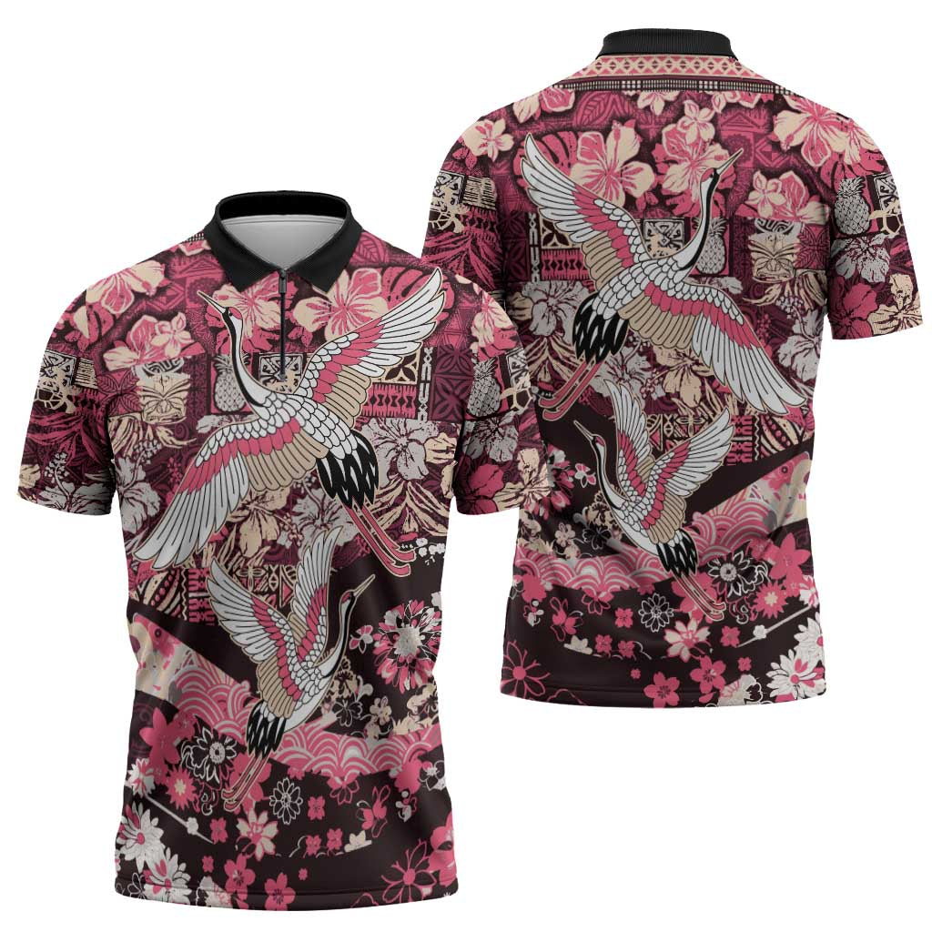 Japanese Hawaiian Crane Zipper Polo Shirt Soft Pink Tapa Patchwork Pattern LT9 - Polynesian Pride
