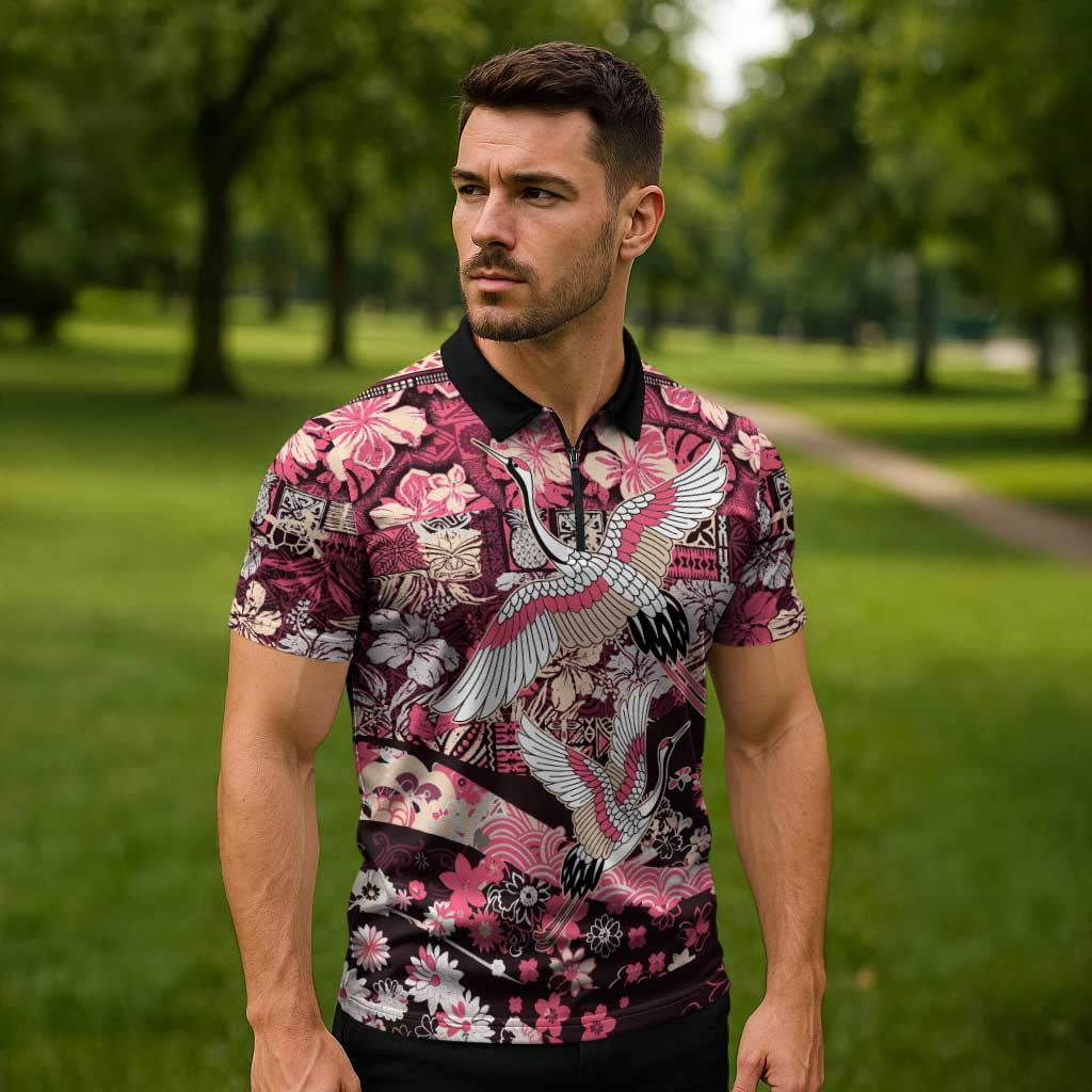 Japanese Hawaiian Crane Zipper Polo Shirt Soft Pink Tapa Patchwork Pattern LT9 - Polynesian Pride