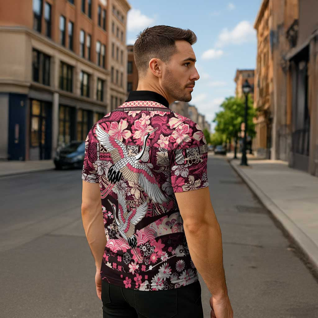 Japanese Hawaiian Crane Zipper Polo Shirt Soft Pink Tapa Patchwork Pattern LT9 - Polynesian Pride