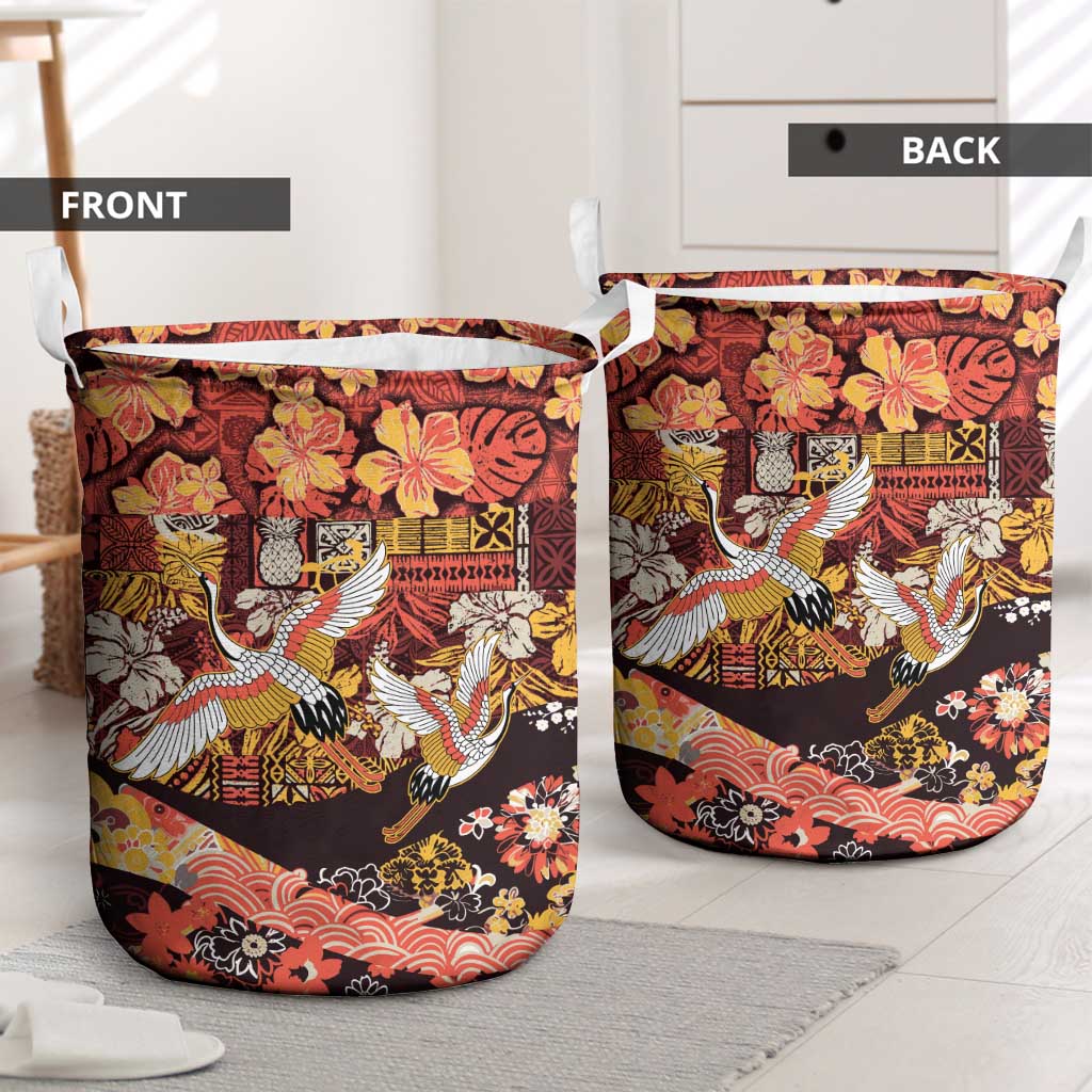 Japanese Hawaiian Crane Laundry Basket Yellow Ochre Tapa Patchwork Pattern LT9 - Polynesian Pride