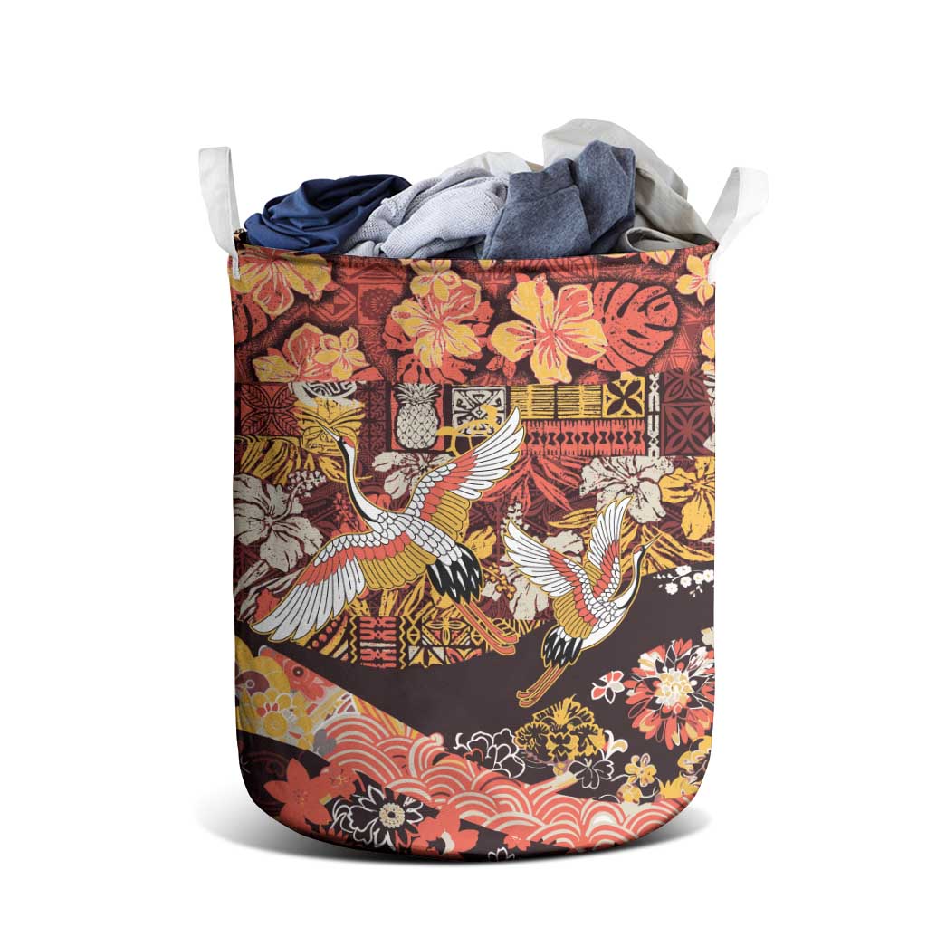 Japanese Hawaiian Crane Laundry Basket Yellow Ochre Tapa Patchwork Pattern LT9 - Polynesian Pride