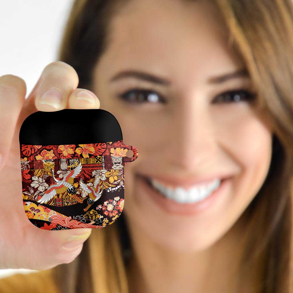 Japanese Hawaiian Crane AirPods Case Yellow Ochre Tapa Patchwork Pattern LT9 - Polynesian Pride
