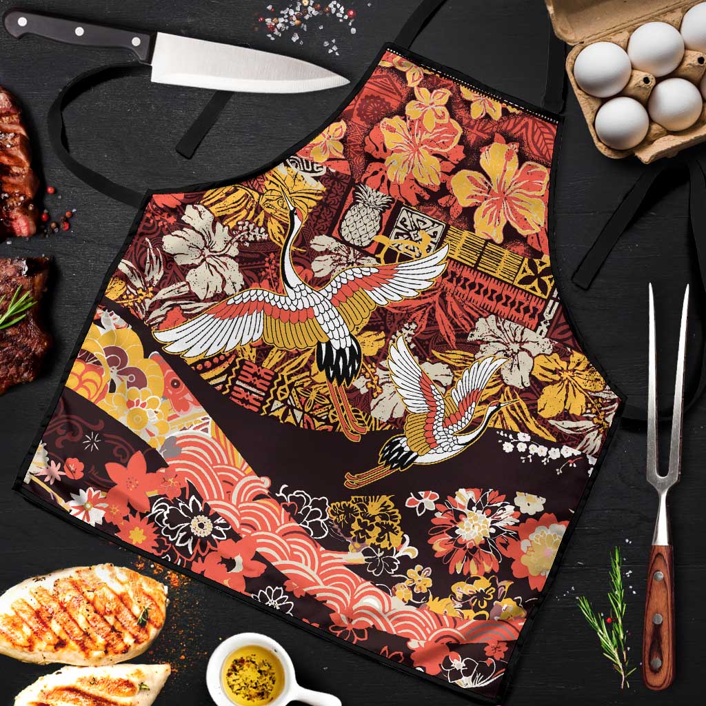 Japanese Hawaiian Crane Apron Yellow Ochre Tapa Patchwork Pattern LT9 Yellow - Polynesian Pride