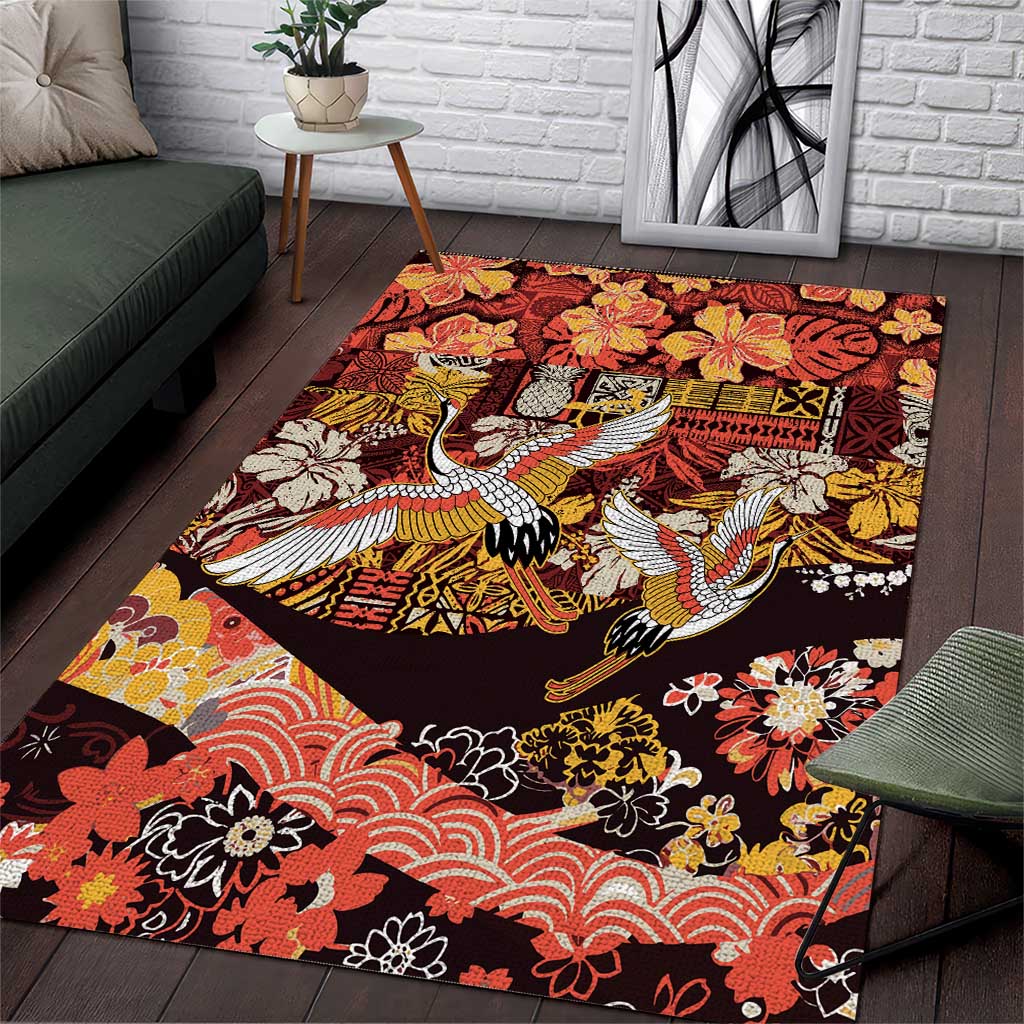 Japanese Hawaiian Crane Area Rug Yellow Ochre Tapa Patchwork Pattern