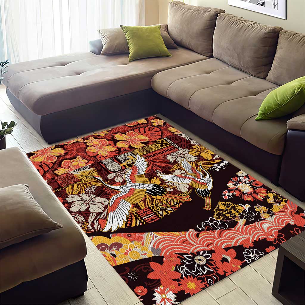 Japanese Hawaiian Crane Area Rug Yellow Ochre Tapa Patchwork Pattern