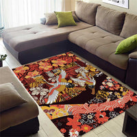 Japanese Hawaiian Crane Area Rug Yellow Ochre Tapa Patchwork Pattern