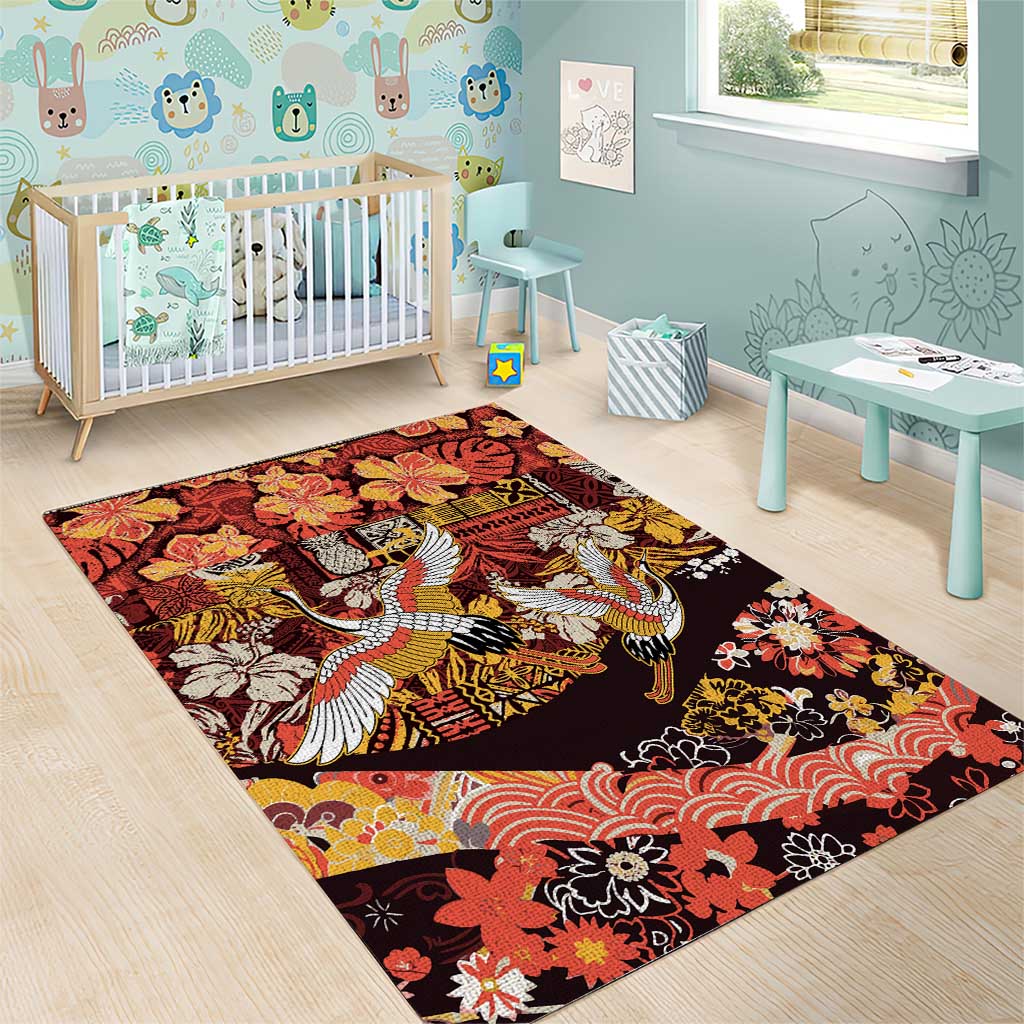 Japanese Hawaiian Crane Area Rug Yellow Ochre Tapa Patchwork Pattern