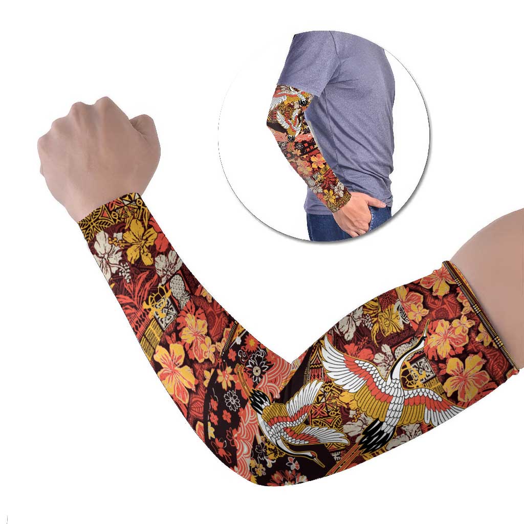Japanese Hawaiian Crane Arm Sleeves Yellow Ochre Tapa Patchwork Pattern LT9 Set of 2 Yellow - Polynesian Pride