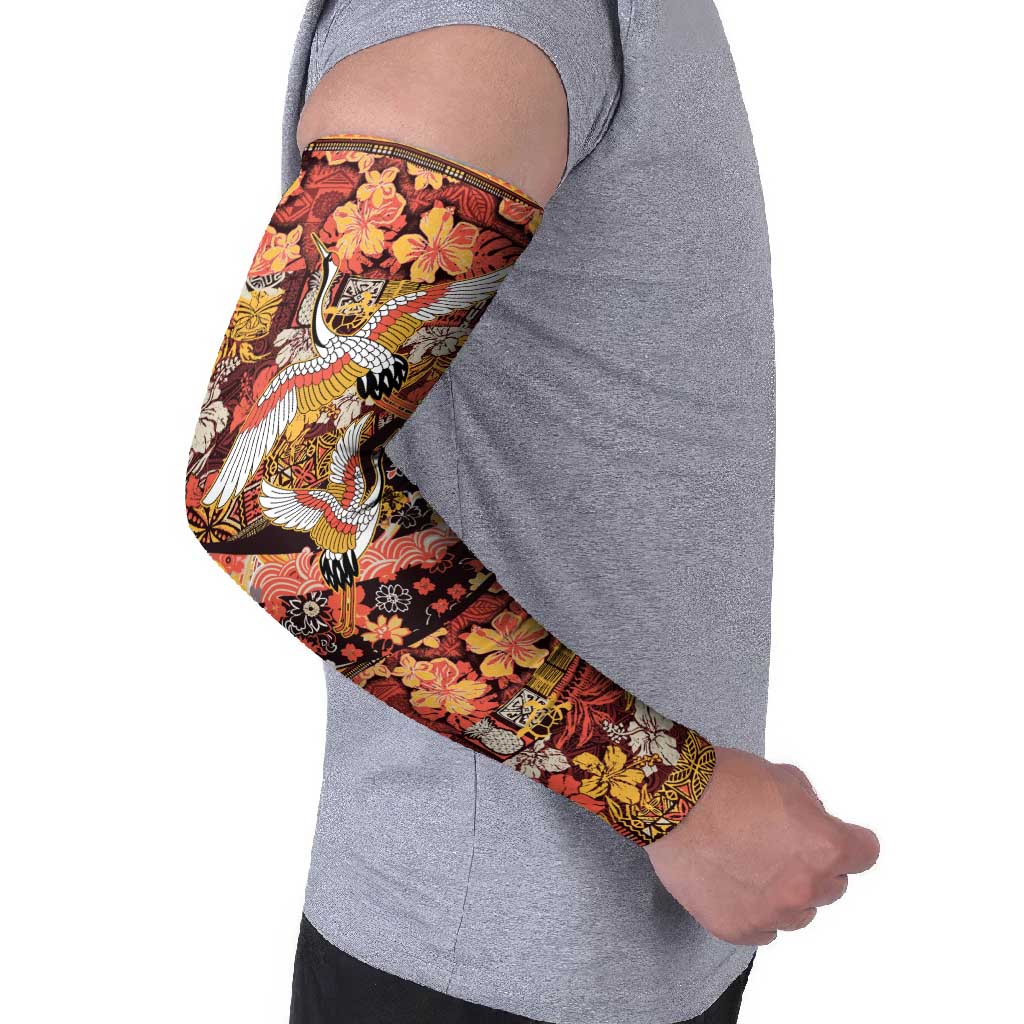 Japanese Hawaiian Crane Arm Sleeves Yellow Ochre Tapa Patchwork Pattern LT9 - Polynesian Pride