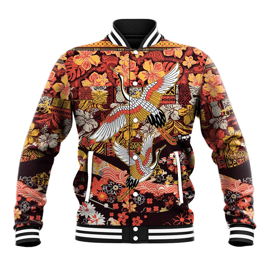 Japanese Hawaiian Crane Baseball Jacket Yellow Ochre Tapa Patchwork Pattern LT9 Unisex Yellow - Polynesian Pride