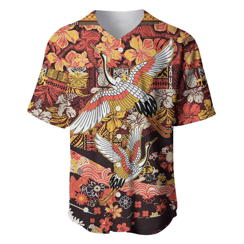 Japanese Hawaiian Crane Baseball Jersey Yellow Ochre Tapa Patchwork Pattern LT9 Yellow - Polynesian Pride