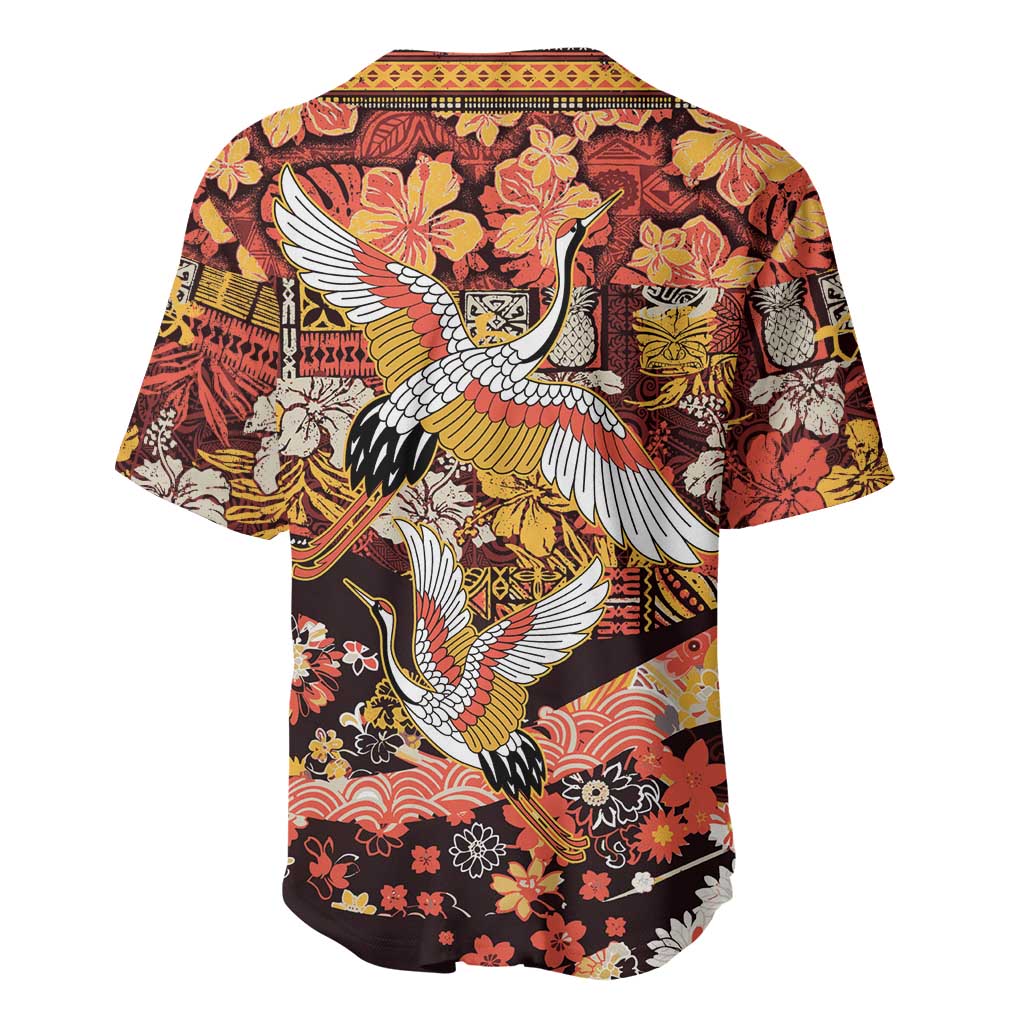 Japanese Hawaiian Crane Baseball Jersey Yellow Ochre Tapa Patchwork Pattern LT9 - Polynesian Pride