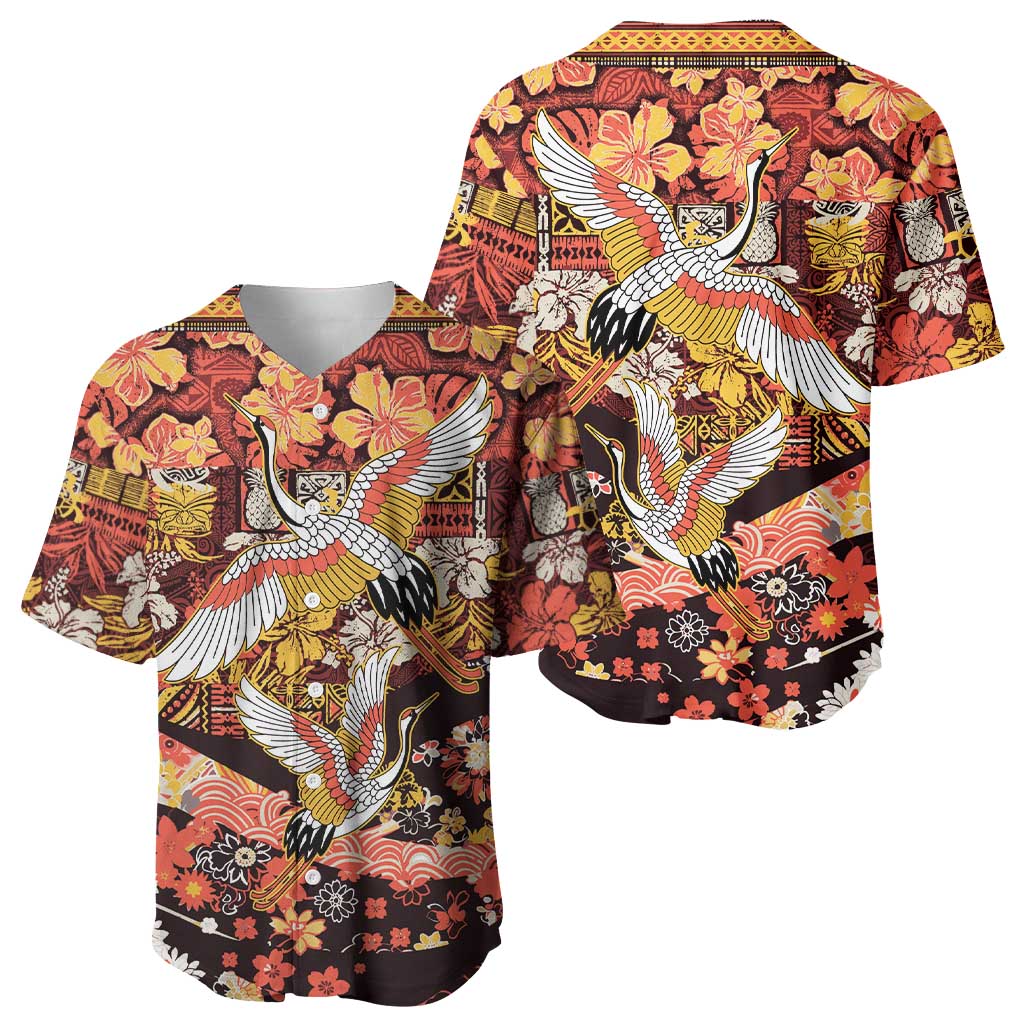 Japanese Hawaiian Crane Baseball Jersey Yellow Ochre Tapa Patchwork Pattern LT9 - Polynesian Pride