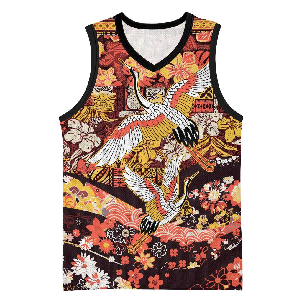 Japanese Hawaiian Crane Basketball Jersey Yellow Ochre Tapa Patchwork Pattern LT9 Unisex Yellow - Polynesian Pride