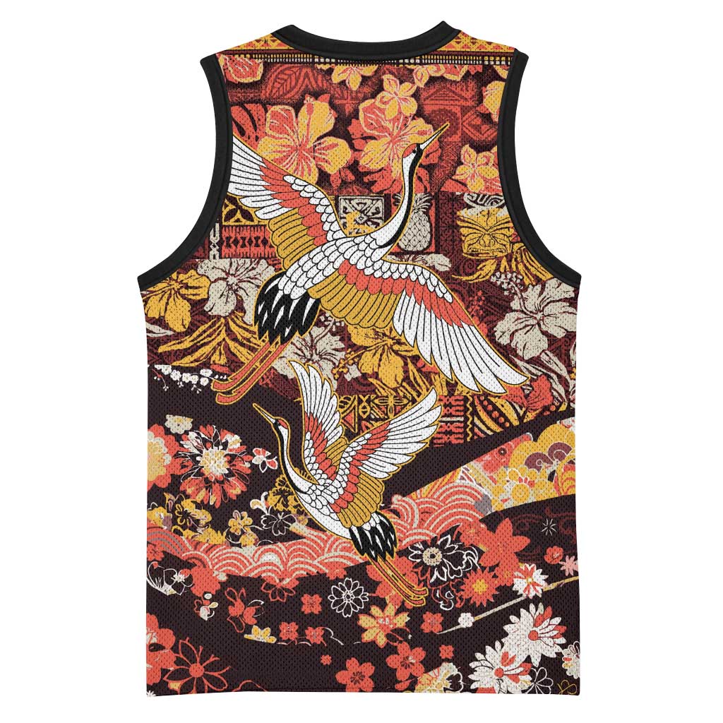 Japanese Hawaiian Crane Basketball Jersey Yellow Ochre Tapa Patchwork Pattern LT9 - Polynesian Pride