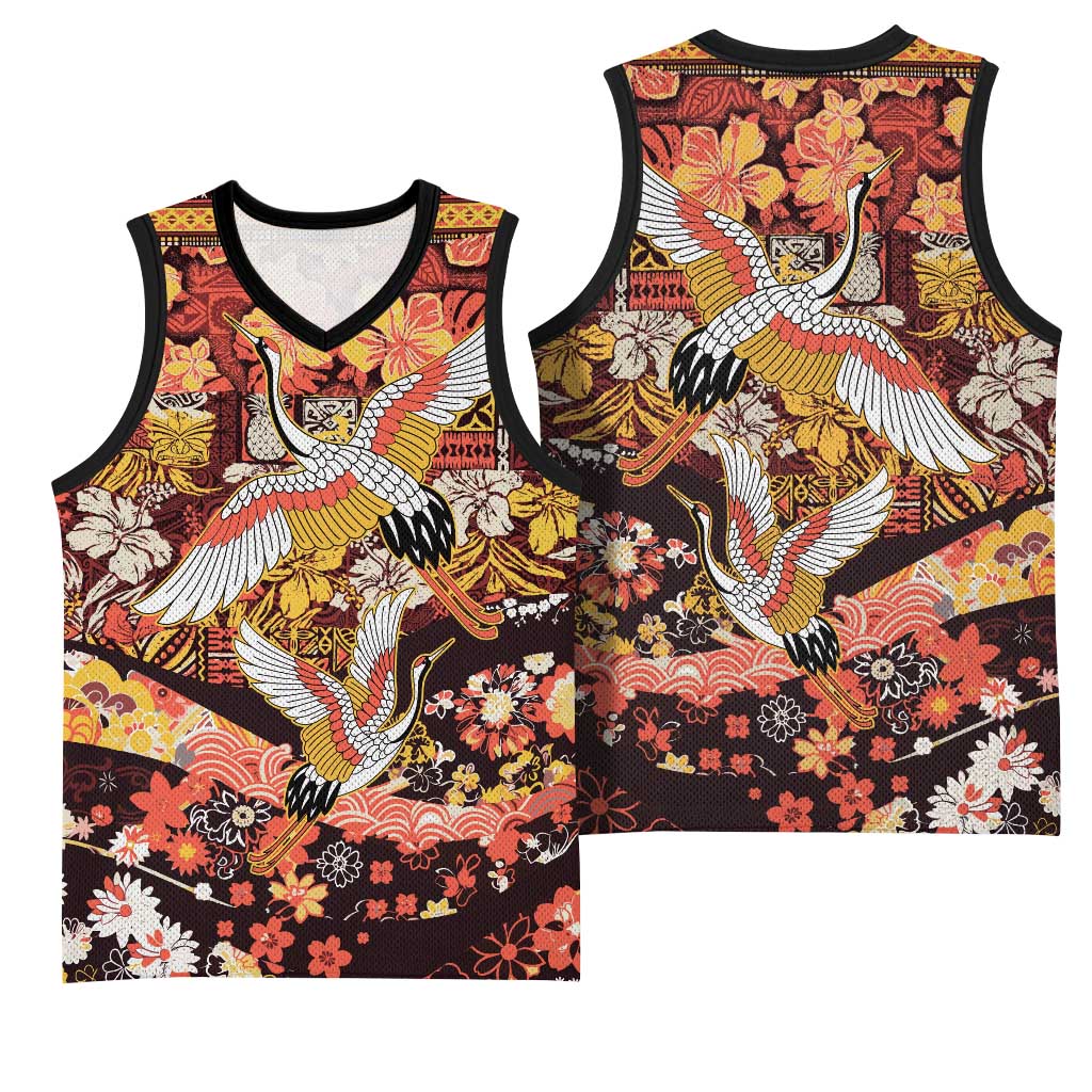 Japanese Hawaiian Crane Basketball Jersey Yellow Ochre Tapa Patchwork Pattern LT9 - Polynesian Pride