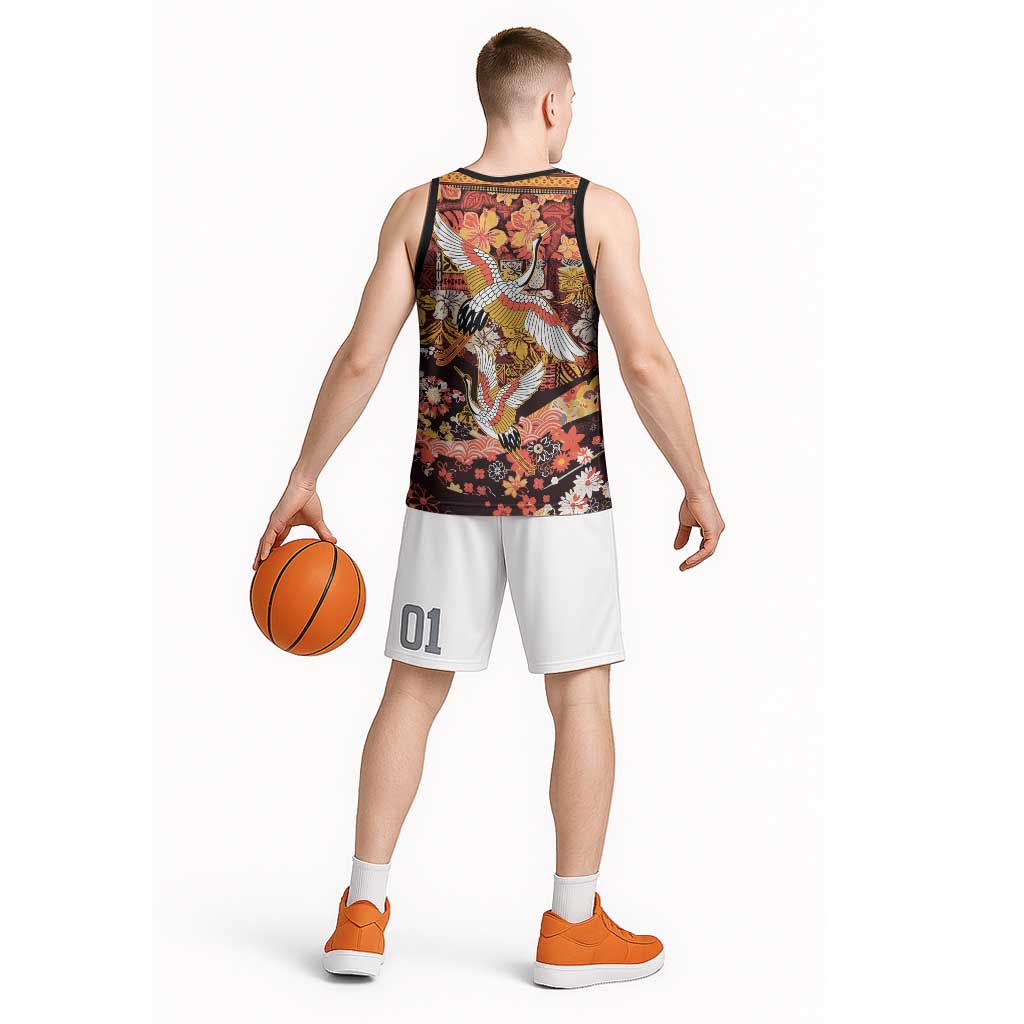 Japanese Hawaiian Crane Basketball Jersey Yellow Ochre Tapa Patchwork Pattern LT9 - Polynesian Pride
