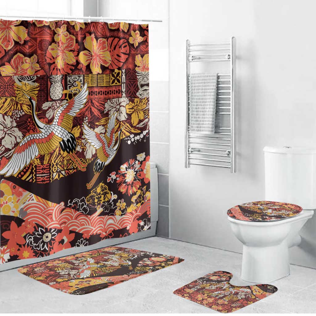 Japanese Hawaiian Crane Bathroom Set Yellow Ochre Tapa Patchwork Pattern LT9 Bathroom Set (4 pcs) Yellow - Polynesian Pride