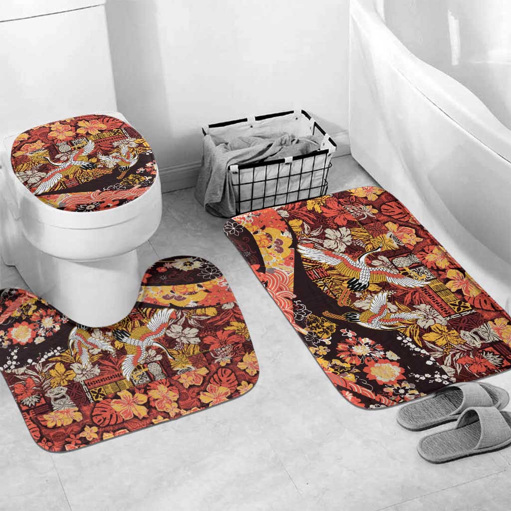 Japanese Hawaiian Crane Bathroom Set Yellow Ochre Tapa Patchwork Pattern LT9 Mat Set Only (3 pcs) One Size Yellow - Polynesian Pride