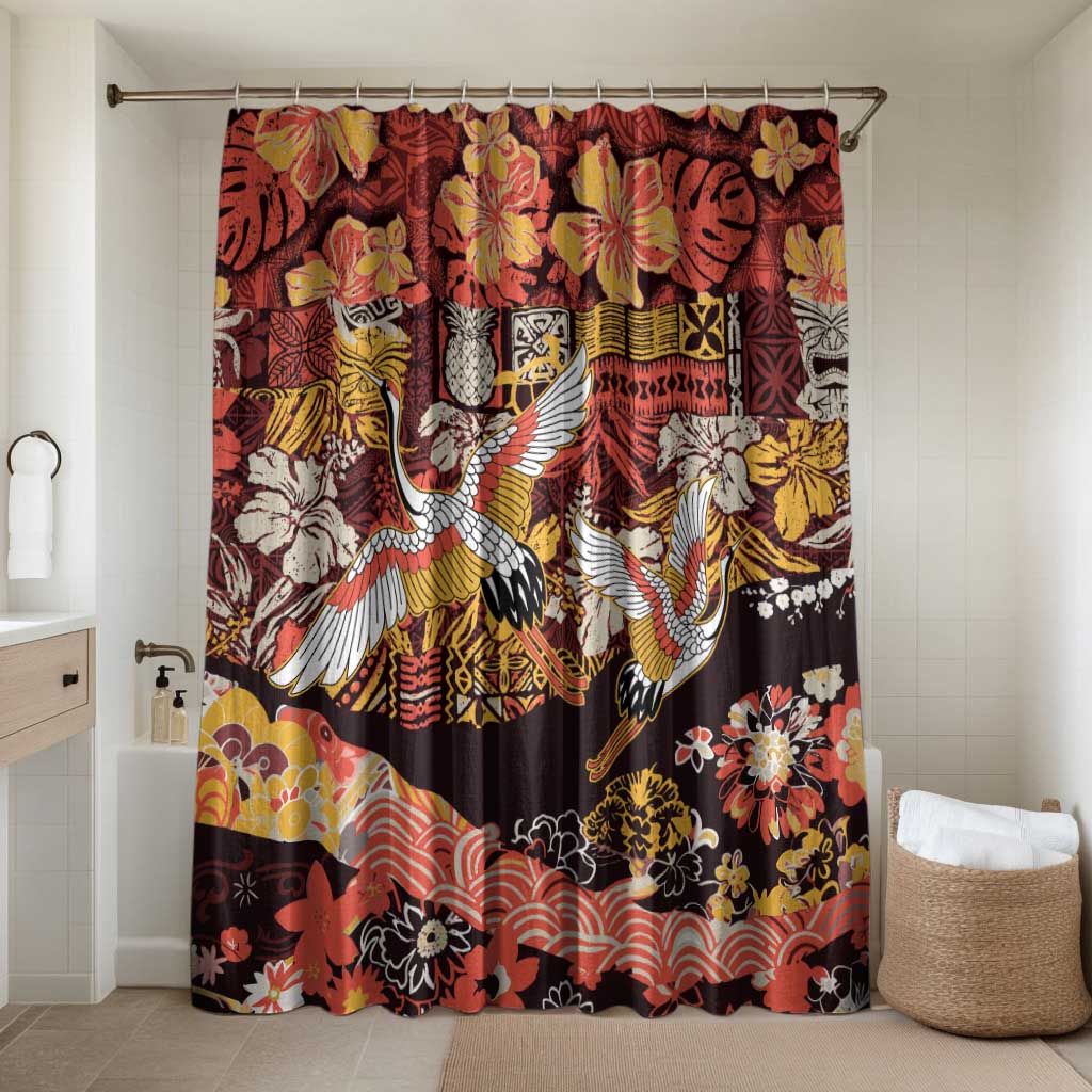 Japanese Hawaiian Crane Bathroom Set Yellow Ochre Tapa Patchwork Pattern LT9 Shower Curtain Only Yellow - Polynesian Pride