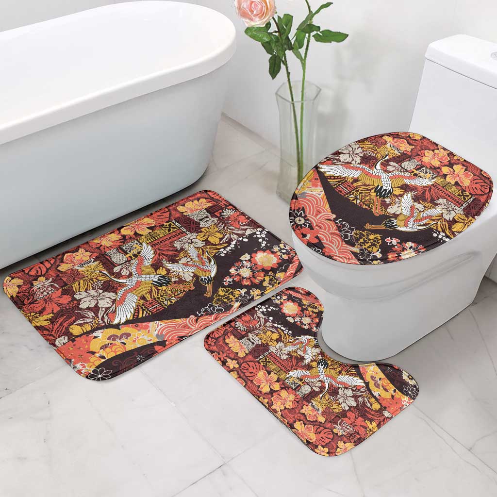 Japanese Hawaiian Crane Bathroom Set Yellow Ochre Tapa Patchwork Pattern LT9 - Polynesian Pride