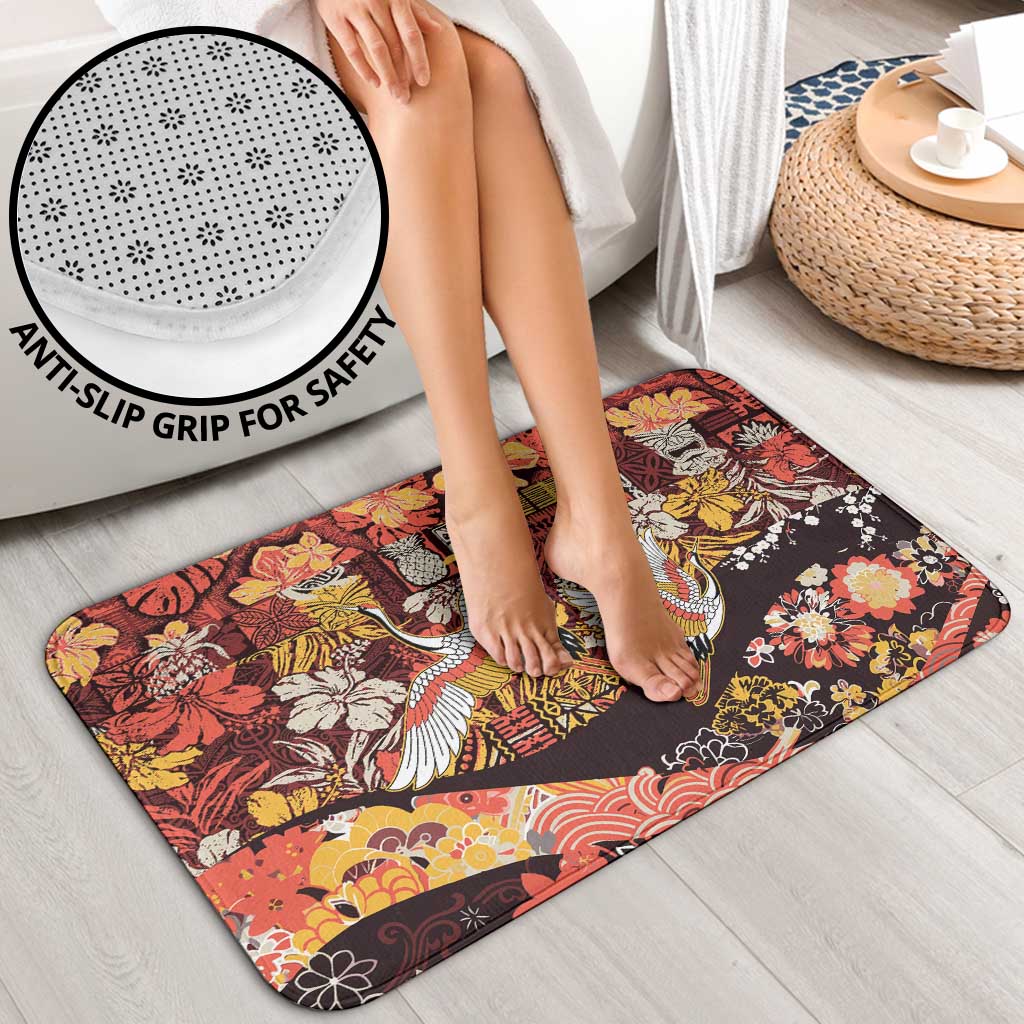 Japanese Hawaiian Crane Bathroom Set Yellow Ochre Tapa Patchwork Pattern LT9 - Polynesian Pride