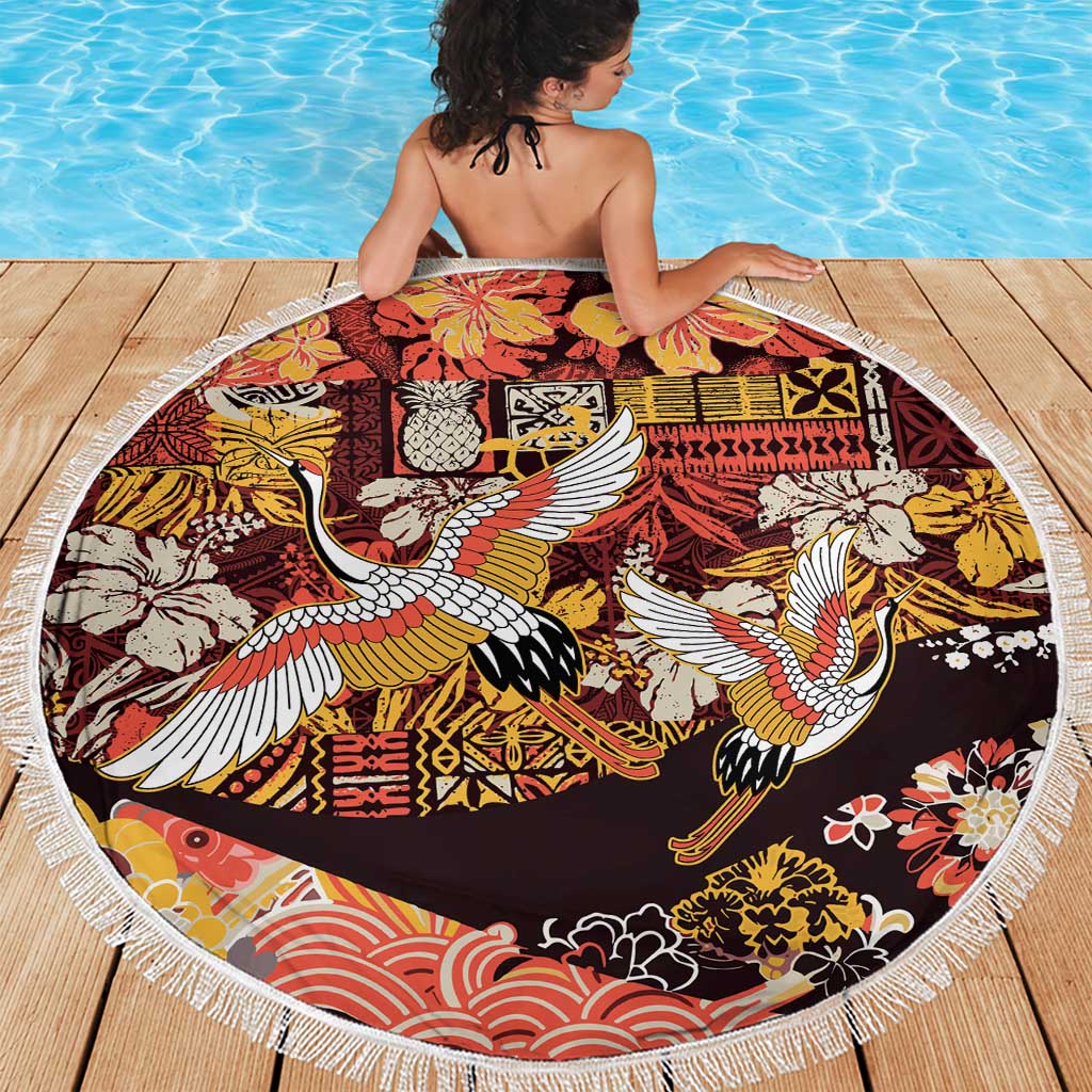 Japanese Hawaiian Crane Beach Blanket Yellow Ochre Tapa Patchwork Pattern LT9 - Polynesian Pride