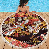 Japanese Hawaiian Crane Beach Blanket Yellow Ochre Tapa Patchwork Pattern LT9 - Polynesian Pride