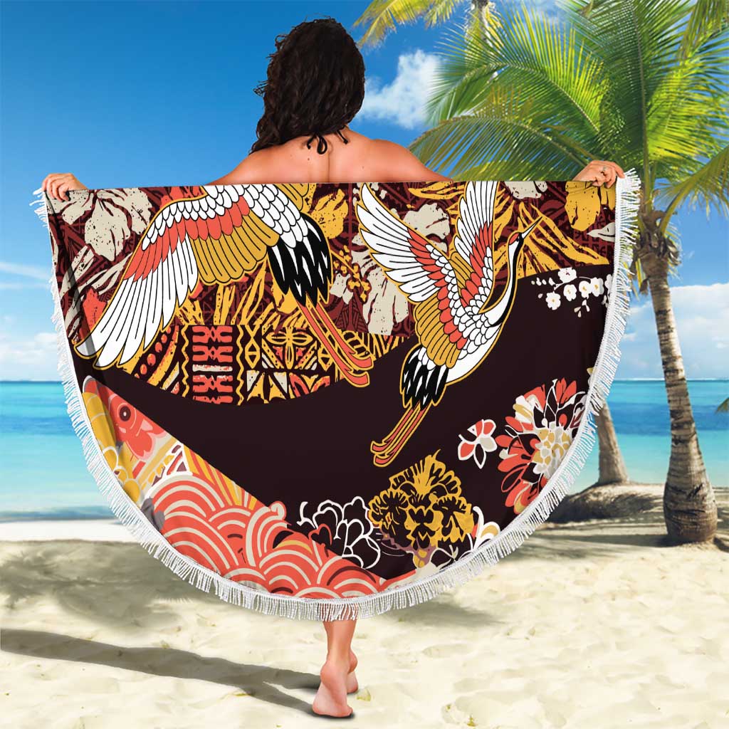 Japanese Hawaiian Crane Beach Blanket Yellow Ochre Tapa Patchwork Pattern LT9 - Polynesian Pride