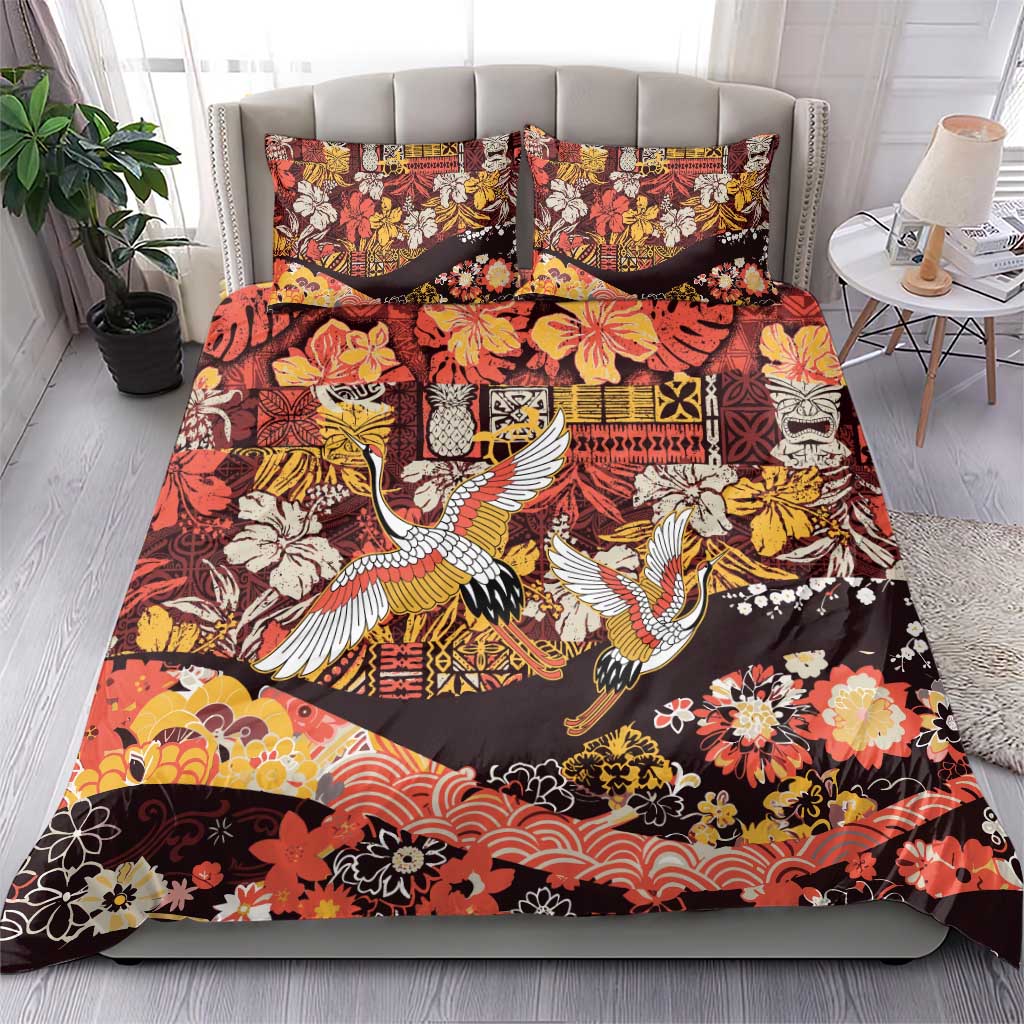 Japanese Hawaiian Crane Bedding Set Yellow Ochre Tapa Patchwork Pattern LT9 - Polynesian Pride