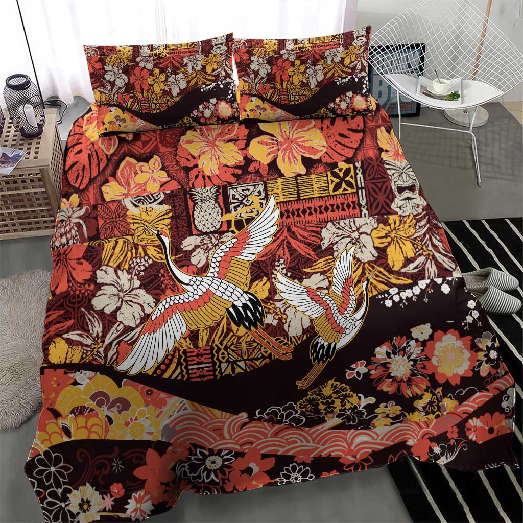 Japanese Hawaiian Crane Bedding Set Yellow Ochre Tapa Patchwork Pattern LT9 - Polynesian Pride