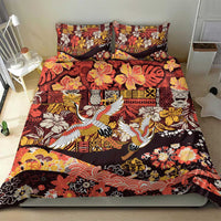 Japanese Hawaiian Crane Bedding Set Yellow Ochre Tapa Patchwork Pattern LT9 - Polynesian Pride