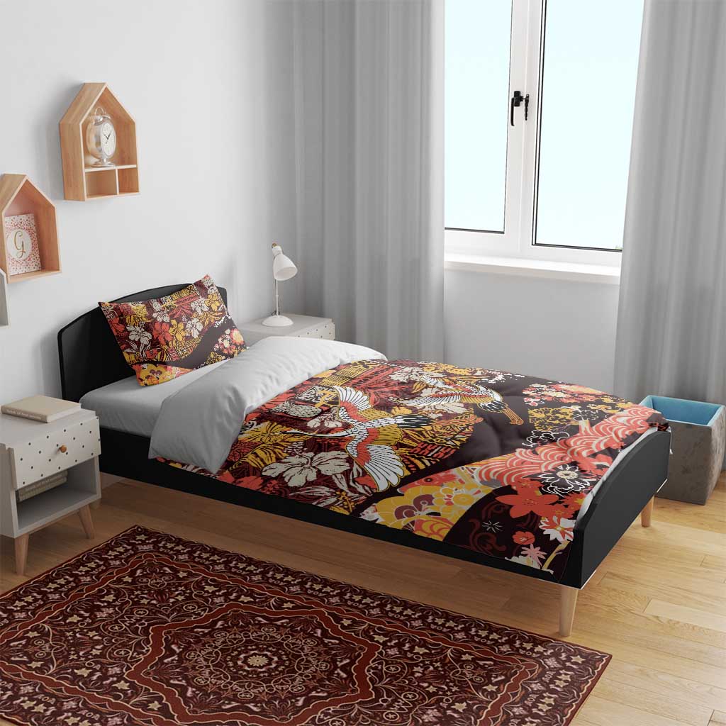 Japanese Hawaiian Crane Bedding Set Yellow Ochre Tapa Patchwork Pattern LT9 - Polynesian Pride