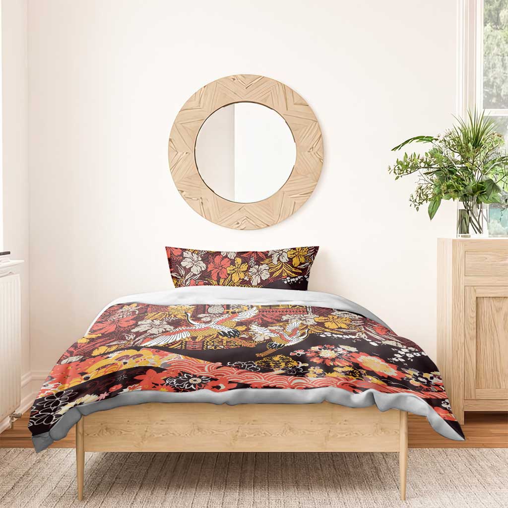 Japanese Hawaiian Crane Bedding Set Yellow Ochre Tapa Patchwork Pattern LT9 - Polynesian Pride