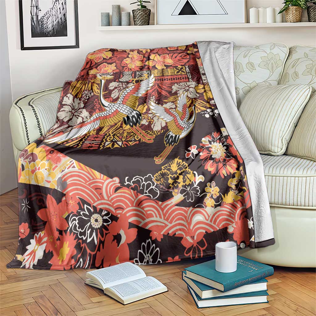 Japanese Hawaiian Crane Blanket Yellow Ochre Tapa Patchwork Pattern LT9 Yellow - Polynesian Pride