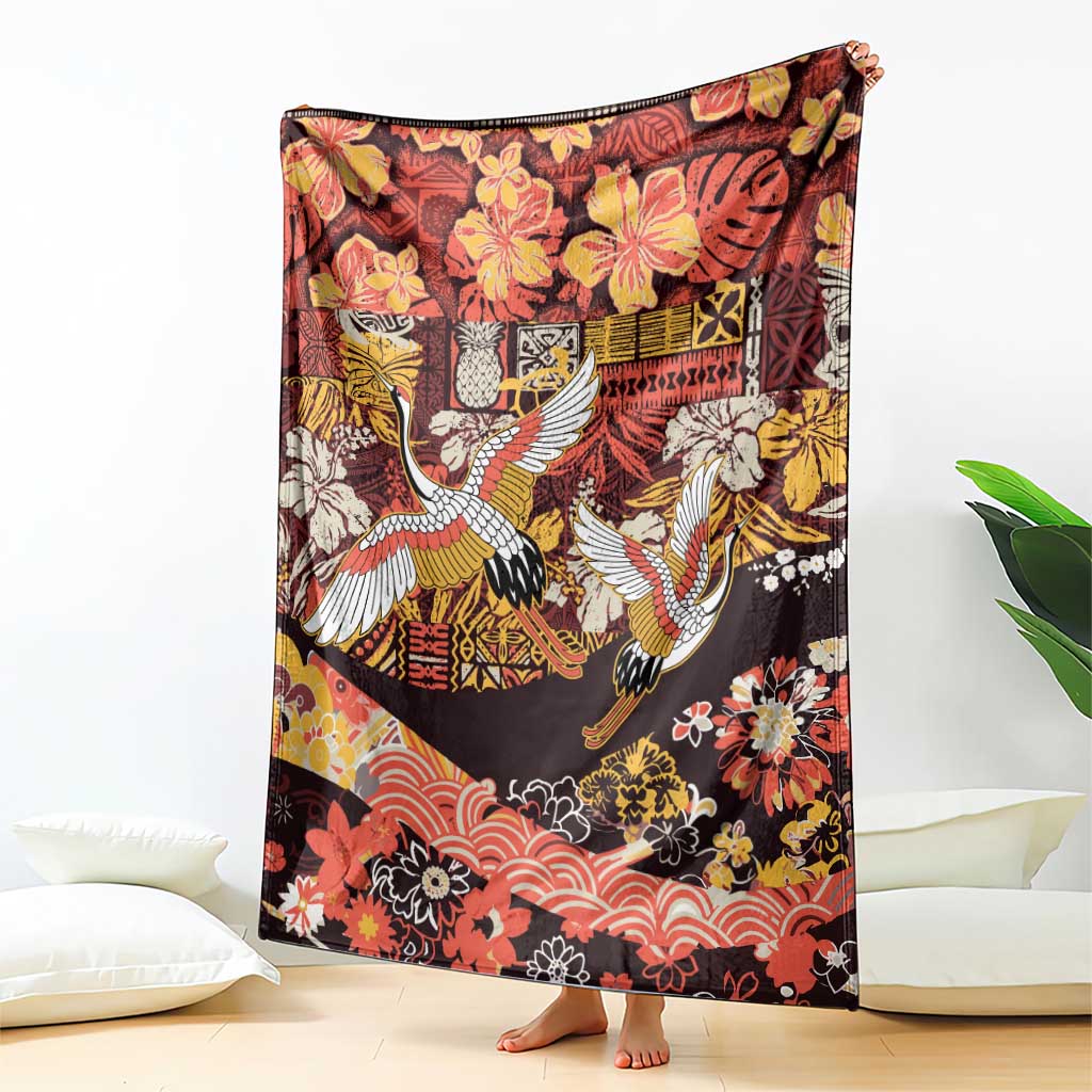 Japanese Hawaiian Crane Blanket Yellow Ochre Tapa Patchwork Pattern LT9 - Polynesian Pride