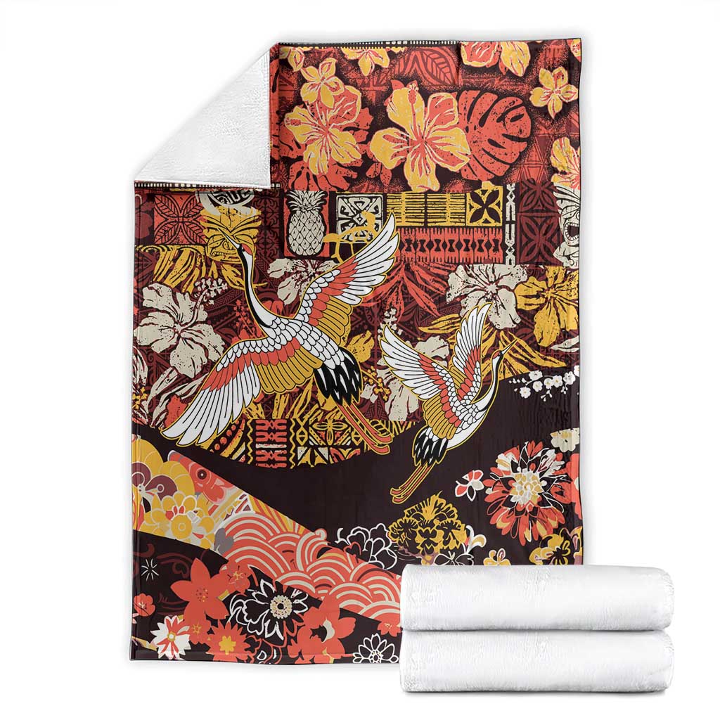 Japanese Hawaiian Crane Blanket Yellow Ochre Tapa Patchwork Pattern LT9 - Polynesian Pride