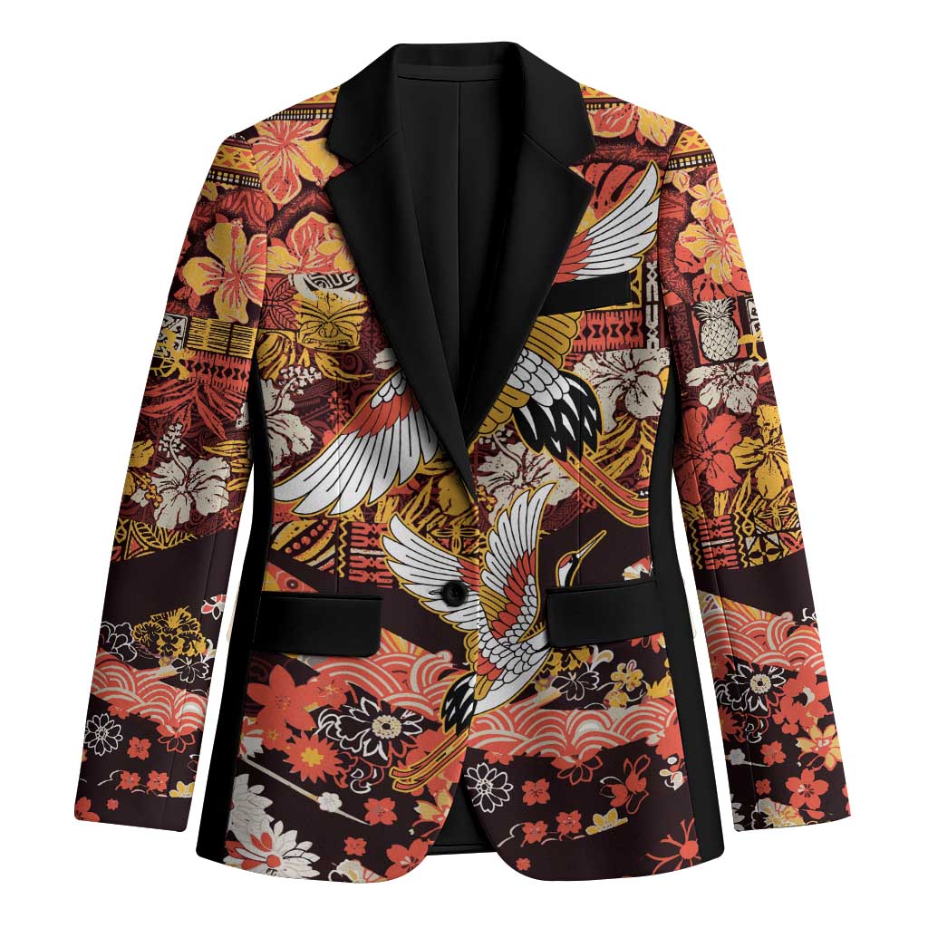 Japanese Hawaiian Crane Blazer Yellow Ochre Tapa Patchwork Pattern LT9 Unisex Yellow - Polynesian Pride