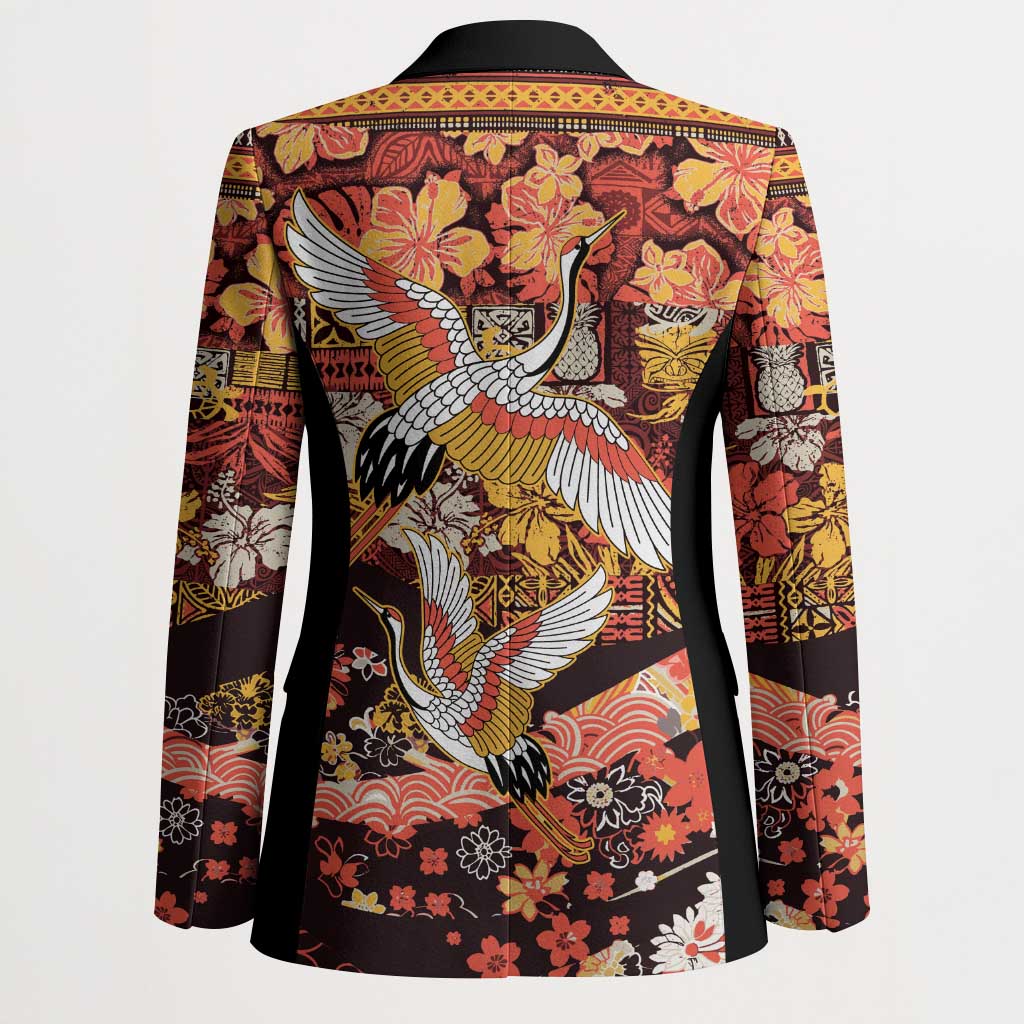 Japanese Hawaiian Crane Blazer Yellow Ochre Tapa Patchwork Pattern LT9 - Polynesian Pride