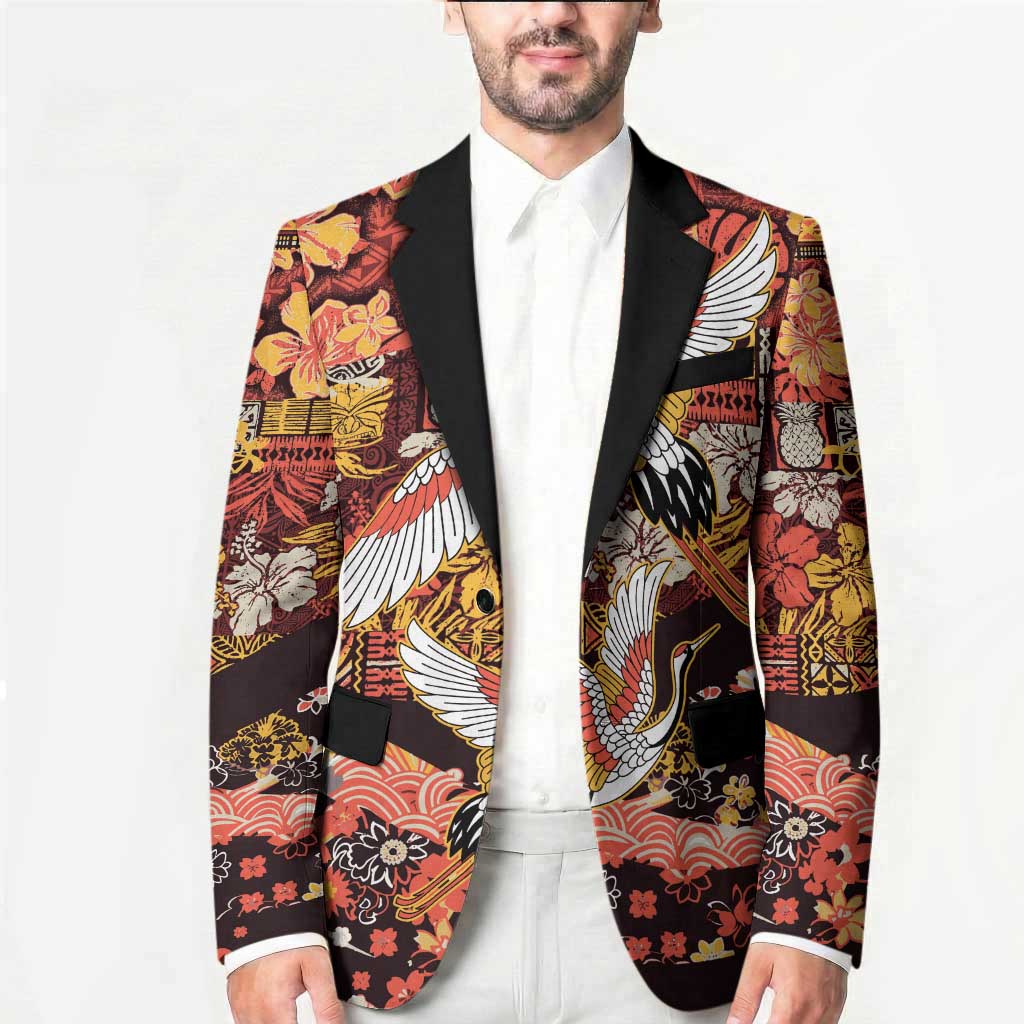 Japanese Hawaiian Crane Blazer Yellow Ochre Tapa Patchwork Pattern LT9 - Polynesian Pride