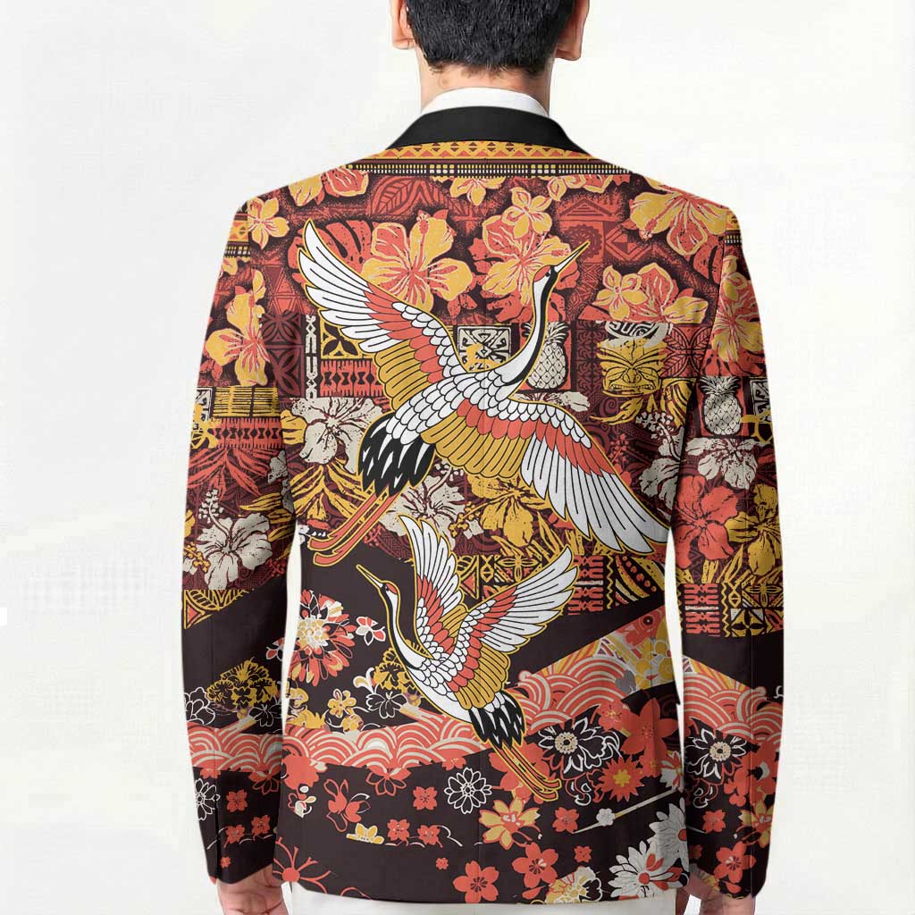 Japanese Hawaiian Crane Blazer Yellow Ochre Tapa Patchwork Pattern LT9 - Polynesian Pride