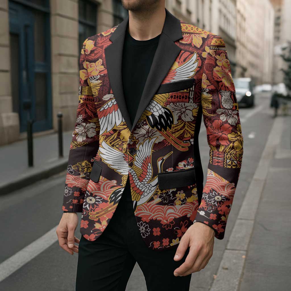 Japanese Hawaiian Crane Blazer Yellow Ochre Tapa Patchwork Pattern LT9 - Polynesian Pride
