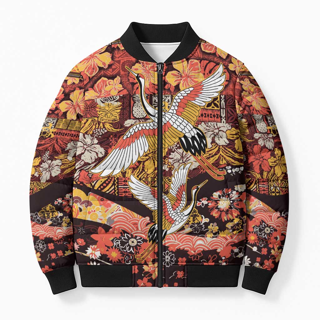 Japanese Hawaiian Crane Bomber Puffer Jacket Yellow Ochre Tapa Patchwork Pattern LT9 Unisex Yellow - Polynesian Pride