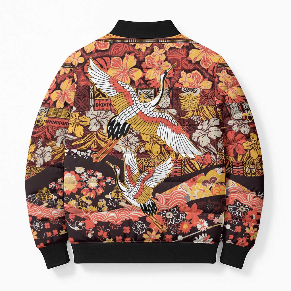 Japanese Hawaiian Crane Bomber Puffer Jacket Yellow Ochre Tapa Patchwork Pattern LT9 - Polynesian Pride