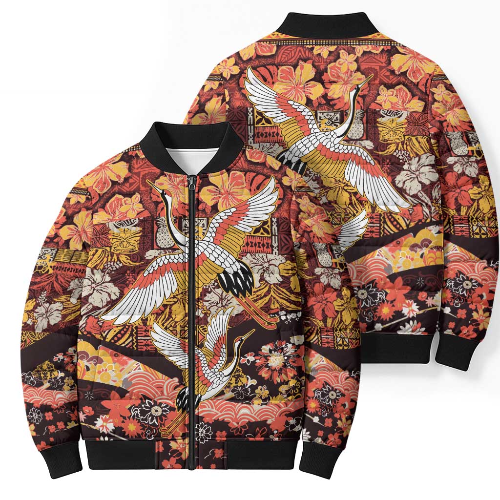 Japanese Hawaiian Crane Bomber Puffer Jacket Yellow Ochre Tapa Patchwork Pattern LT9 - Polynesian Pride