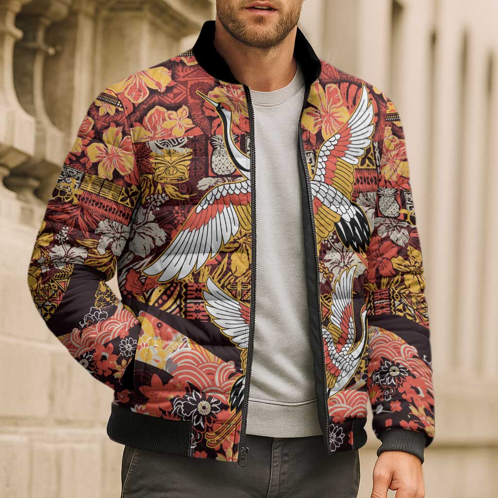 Japanese Hawaiian Crane Bomber Puffer Jacket Yellow Ochre Tapa Patchwork Pattern LT9 - Polynesian Pride