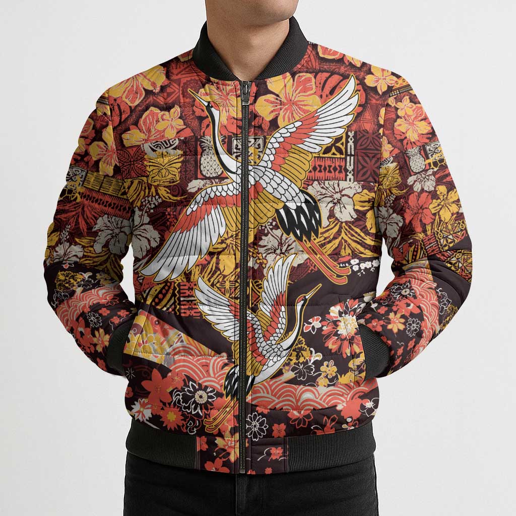 Japanese Hawaiian Crane Bomber Puffer Jacket Yellow Ochre Tapa Patchwork Pattern LT9 - Polynesian Pride