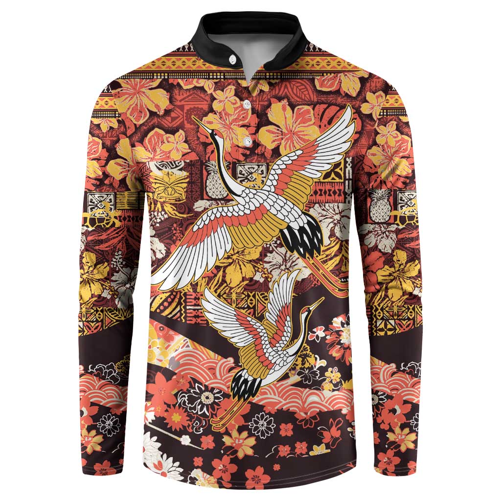Japanese Hawaiian Crane Button Sweatshirt Yellow Ochre Tapa Patchwork Pattern LT9 Yellow - Polynesian Pride