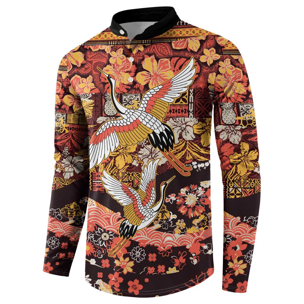 Japanese Hawaiian Crane Button Sweatshirt Yellow Ochre Tapa Patchwork Pattern LT9 - Polynesian Pride