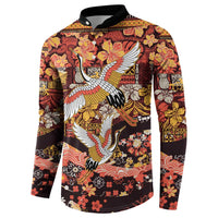 Japanese Hawaiian Crane Button Sweatshirt Yellow Ochre Tapa Patchwork Pattern LT9 - Polynesian Pride